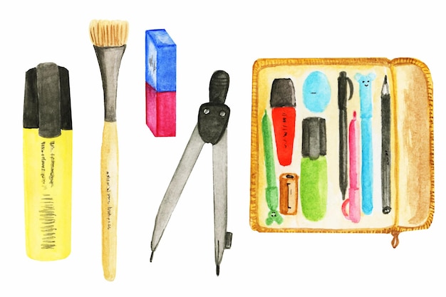 Vector watercolor illustrations of school supplies stationery clipart