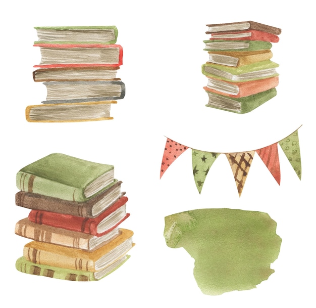 Watercolor illustrations of stacks of books