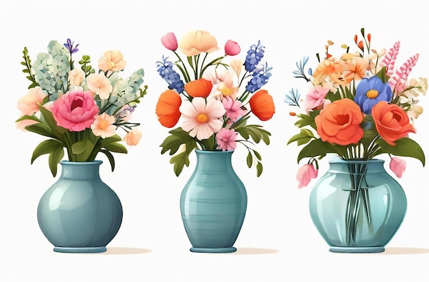 Watercolor illustrations with bouquets of flowers in jugs in the Ukrainian style