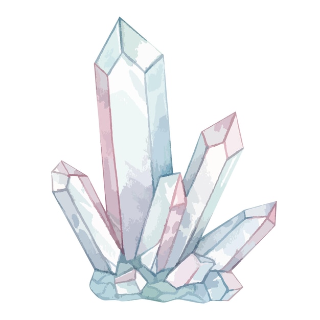 Watercolor illustrations with pink blue crystals Isolated on white