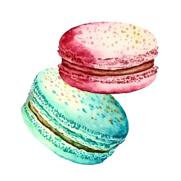 Watercolor image of blue macaroon decorated with bright pink daisy flowers isolated on white background Hand drawn illustration of popular crunchy dessert for cafe decoration