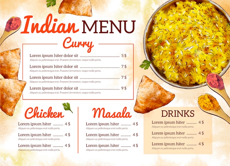 Vector watercolor indian menu template