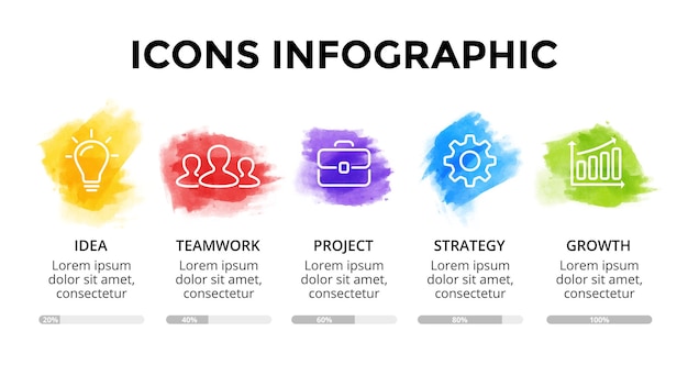 Modelli di infografica acquerello banner tratti di pennello illustrazioni di disegno a mano opzioni di 5 passaggi