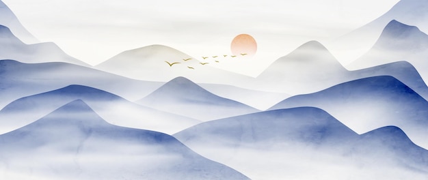 ベクトル 日没または日の出の山と丘と水彩インクアートの背景インテリア装飾デザインプリントのためのオリエンタルスタイルのペイントの風景バナー