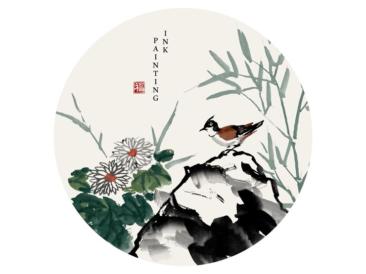 Vector watercolor ink paint art illustration bird on a rock and chrysanthemum flower