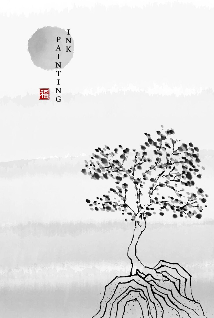Vector watercolor ink paint art illustration landscape of tree and sunset