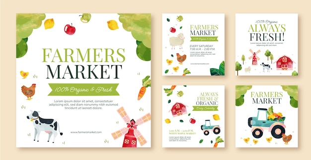 watercolor instagram posts collection for organic farming