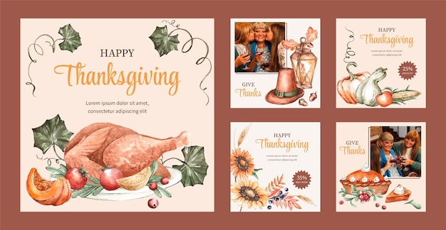 Watercolor instagram posts collection for thanksgiving day celebration