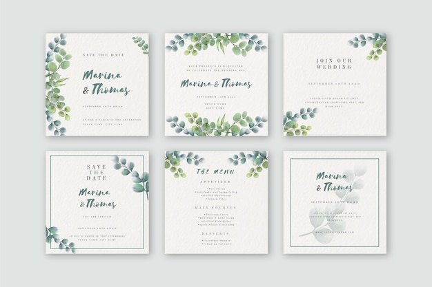 Watercolor instagram posts collection for wedding