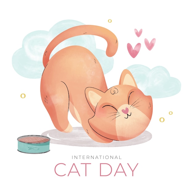 Watercolor international cat day illustration with cat and hearts