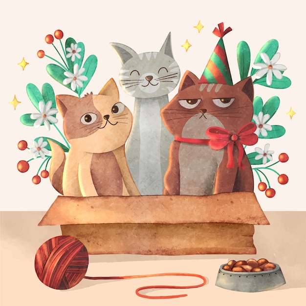 Vector watercolor international cat day illustration