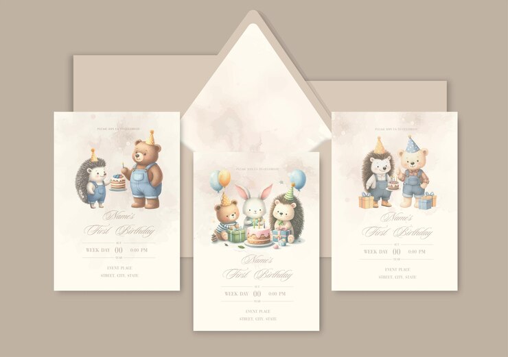 Vector watercolor invitation birthday animal friends celebrate birthday with cake and gifts