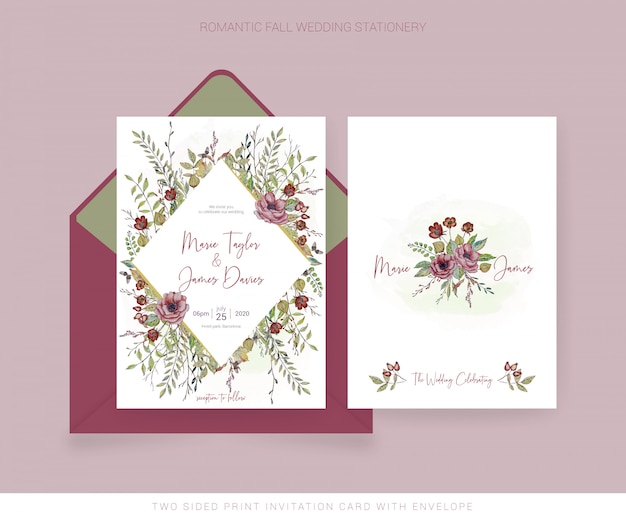 Watercolor invitation card and back with envelope