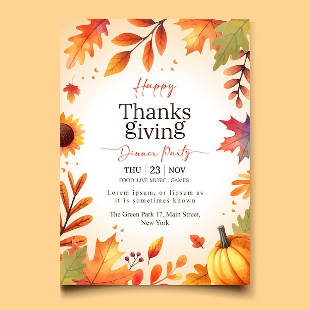 Watercolor invitation template for thanksgiving celebration