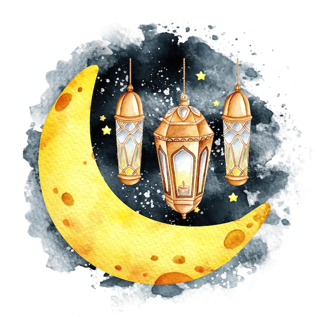 Watercolor Islamic lantern Ramadan and Eid Al fitr greeting