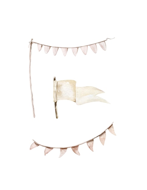アクアカラー ディコレートセット リボン パーティー フラッグ 白い背景の花束 手描きのヴィンテージスタイル 祝賀用の装飾品 結婚式のラベルデザイン
