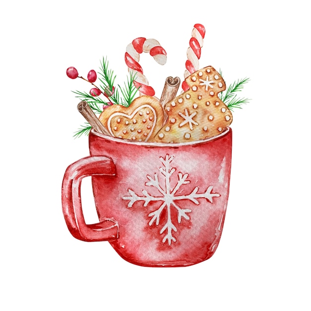 Watercolor isolated illustration of christmas hot drink with cookies and sweets