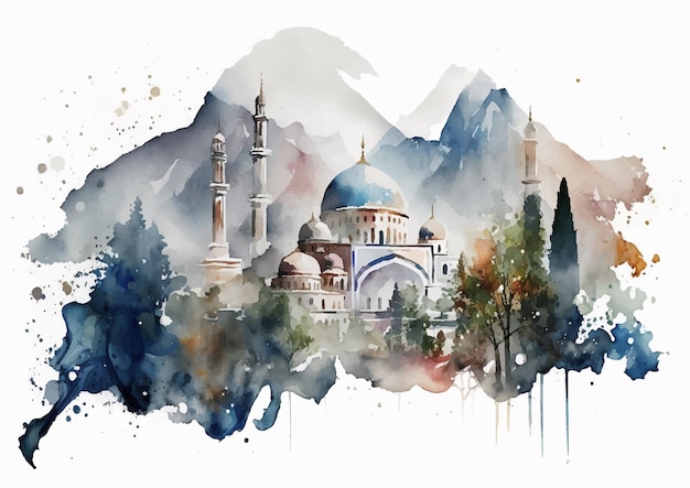 A Watercolor Journey into the Beauty of Islamic Mosques