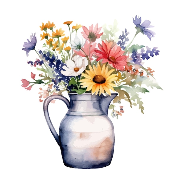 Watercolor jug with flowers white background