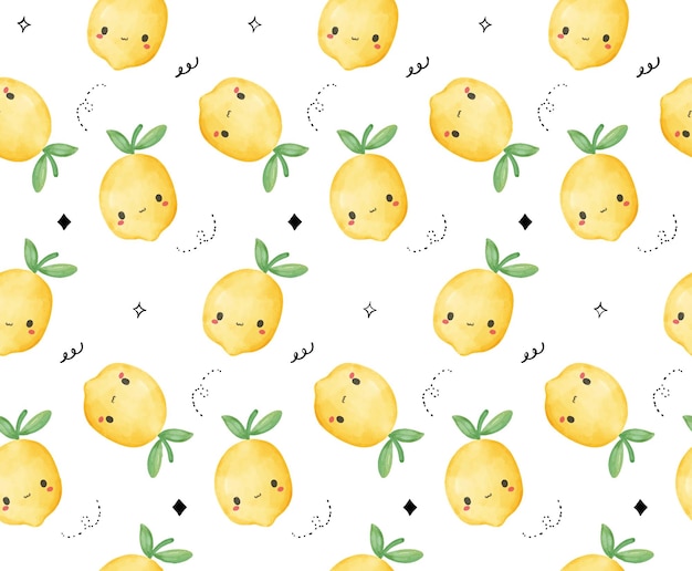 Watercolor Kawaii Lemon Seamless Pattern Cute citrus Fruit background Illustration