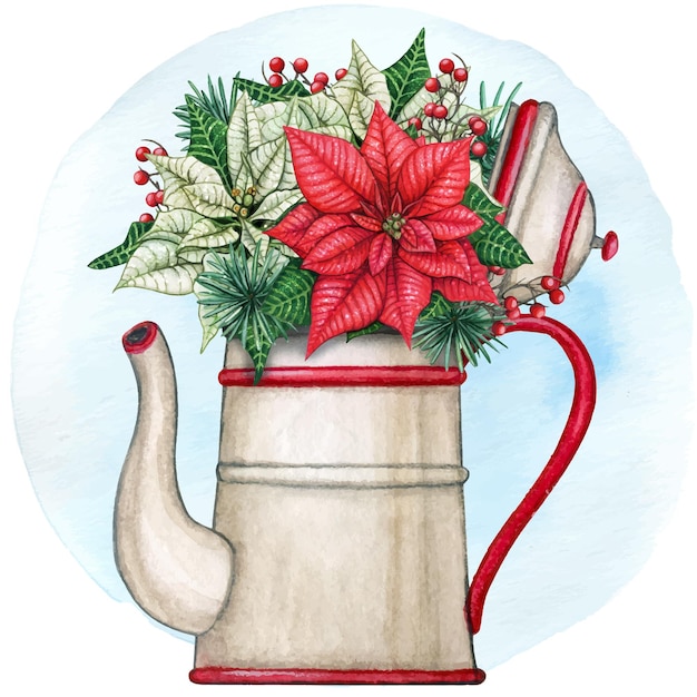 Vector watercolor kettle pot with poinsettia composition