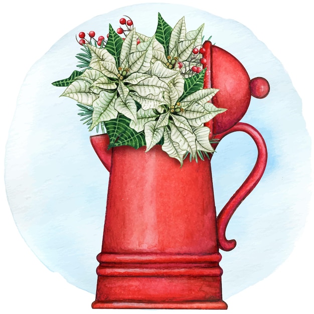 Watercolor kettle pot with poinsettia composition