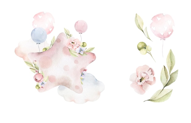 수채색 아이 세트, 귀여운 분홍색 꽃 별, 모란 꽃이 있는 구름, 보육 인쇄용 녹지.