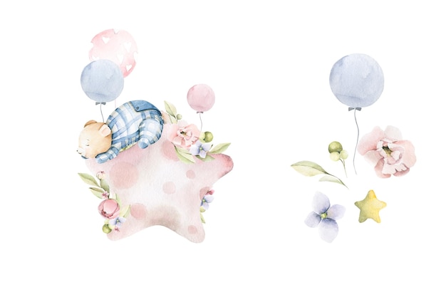 Watercolor kid set cute sleeping baby bear on the moon with star balloon for nursery print