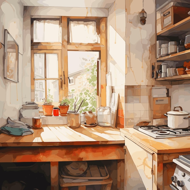 Watercolor kitchen background illustration