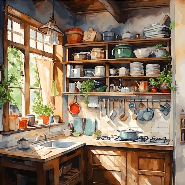 Vector watercolor kitchen background illustration