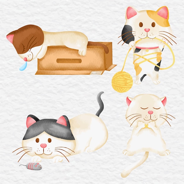 수채화 키티와 고양이 캐릭터 클립 아트 요소 컬렉션 집합