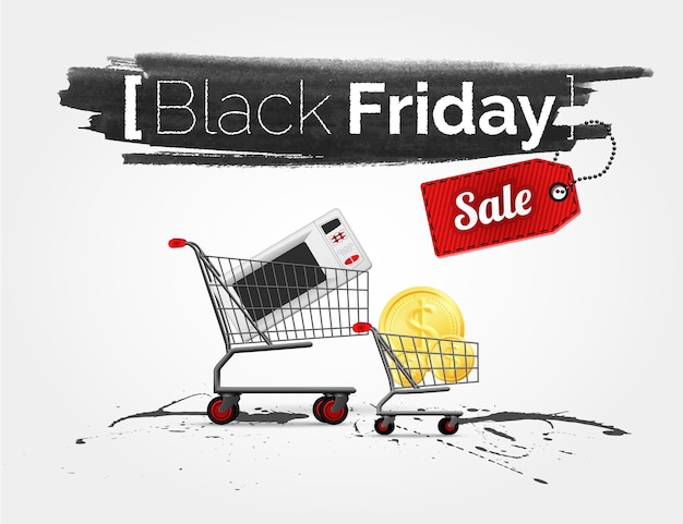 Acquerello di etichetta sulla grande vendita del black friday con carrelli della spesa