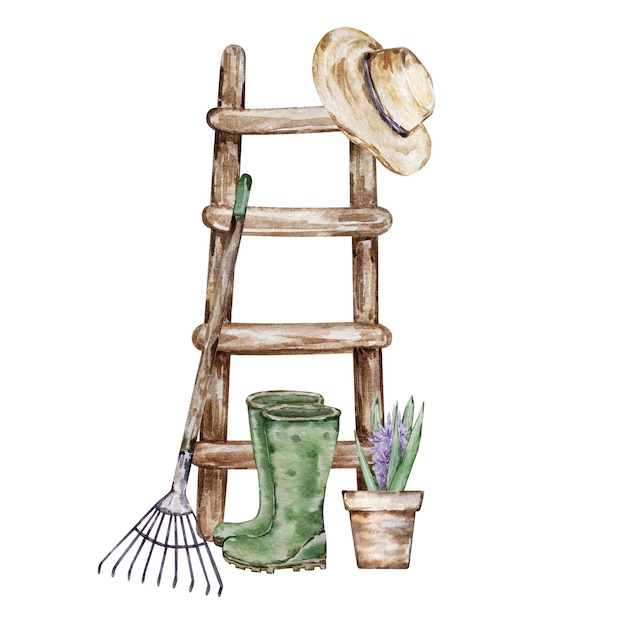 Watercolor ladder shelf boots and rake