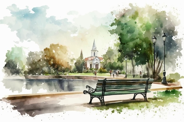 Watercolor landscape of city park Vector illustration