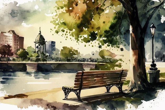 Watercolor landscape of city park Vector illustration