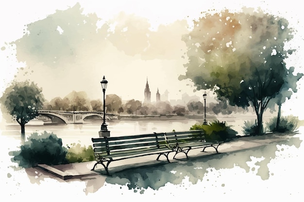 Watercolor landscape of city park Vector illustration