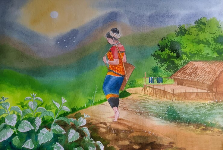 वेक्टर watercolor landscape hand drawn hilly area &amp; lifestyle painting illustration