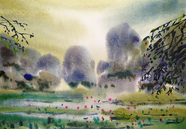 Watercolor landscape hand drawn illustration