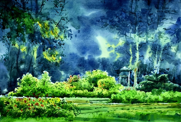 Watercolor landscape hand drawn nature forest illustration