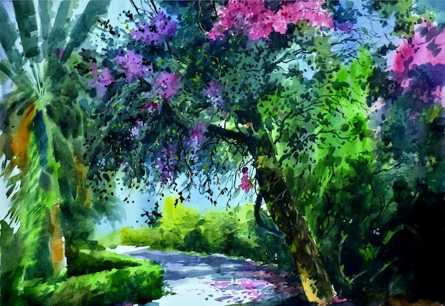 Vettore illustrazione disegnata a mano della pittura dell'albero e del fiore del paesaggio dell'acquerello
