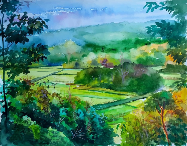 Акварельный пейзаж горное поле лесная живопись иллюстрация