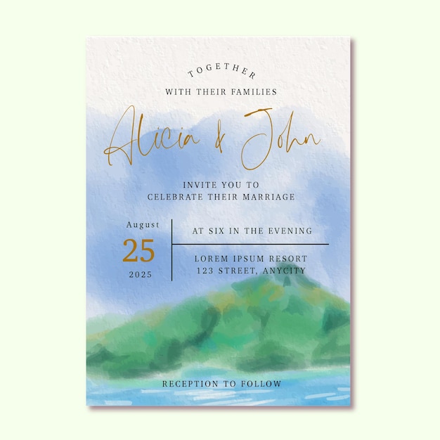 watercolor landscape mountain in the sea wedding invitation