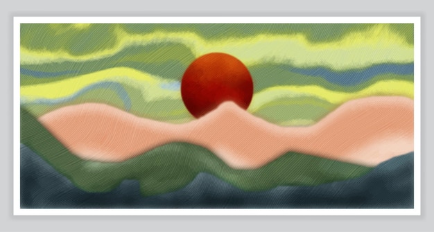 Vector watercolor landscape mountain with moon. mountain japanese texture