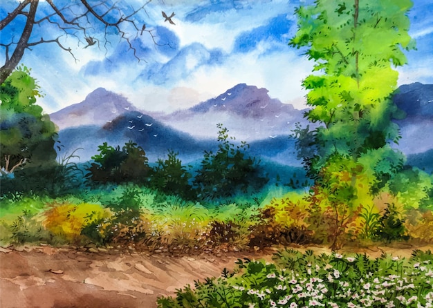 Watercolor landscape mountainous area painting illustration