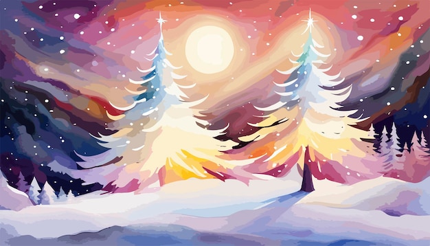 Вектор Акварельный пейзаж зимней сцены с заснеженным лесом или горами и сложными