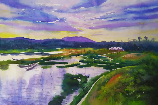 Watercolor landscape painting colorful of mountain nature beauty skyline with river and boat illustration background