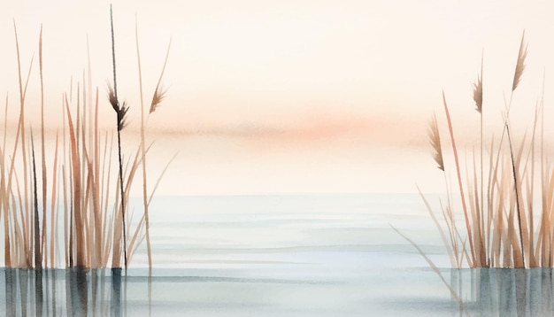 ベクトル 夕日の日光に草のある夕方の海の水彩風景画イラスト