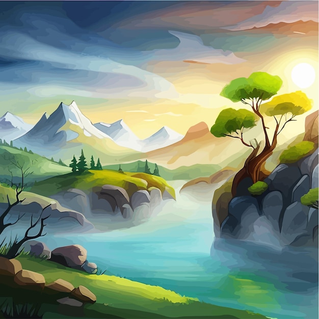 Vector watercolor landscape painting of mountain and rivers with trees beautiful nature vector illustration