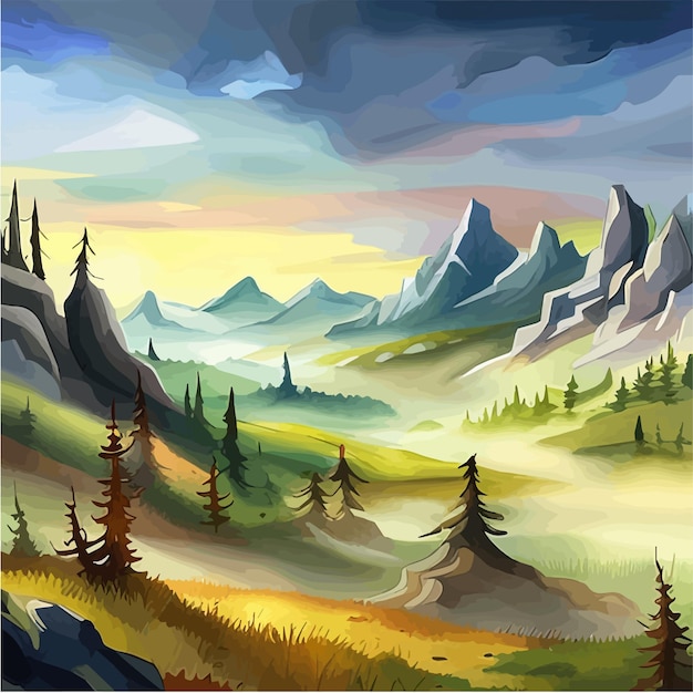 Vector watercolor landscape painting of mountain and rivers with trees beautiful nature vector illustration