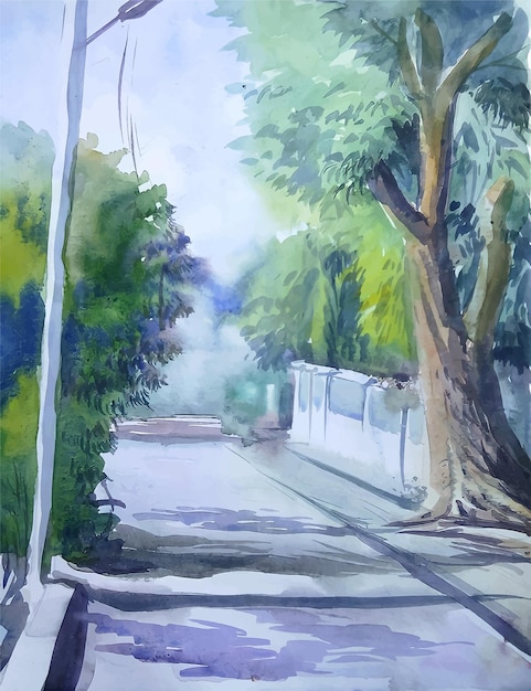 水彩風景村の道路手作り絵画イラスト